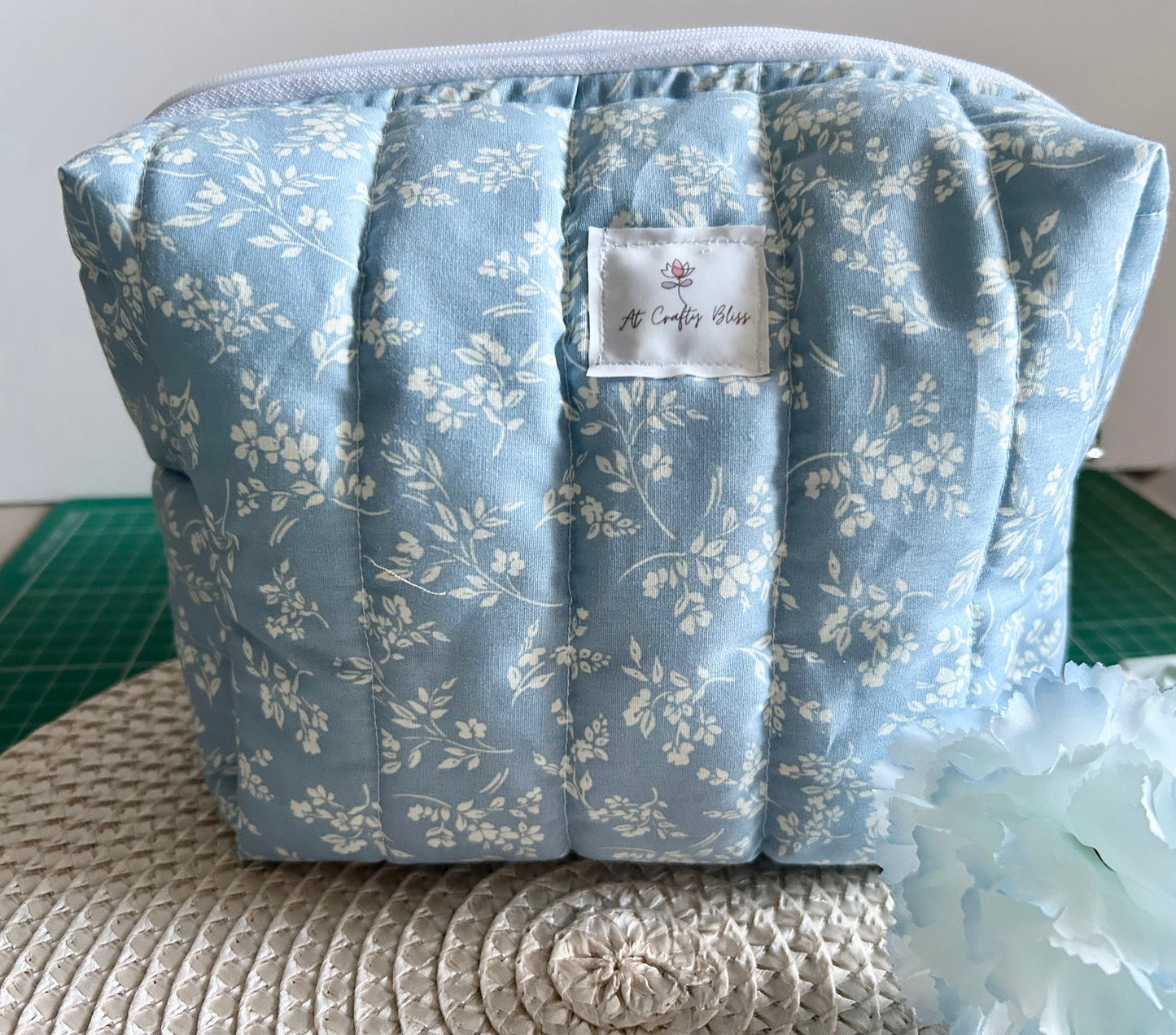 Handmade Blue Fields Floral Quilted Lined Make up bag perfect for travel